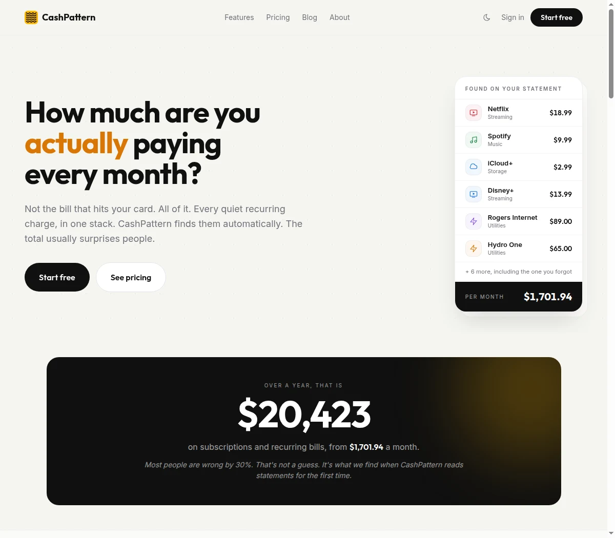 CashPattern landing page — 'How much are you actually paying every month?' beside a statement panel listing recurring charges